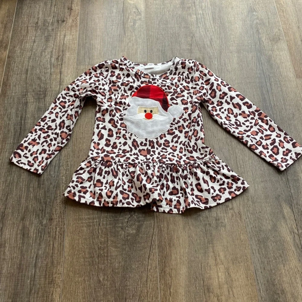 Girls 18-24M Santa Leopard Ruffle Top & Leggings Set Christmas‎ Outfit, Holidays
